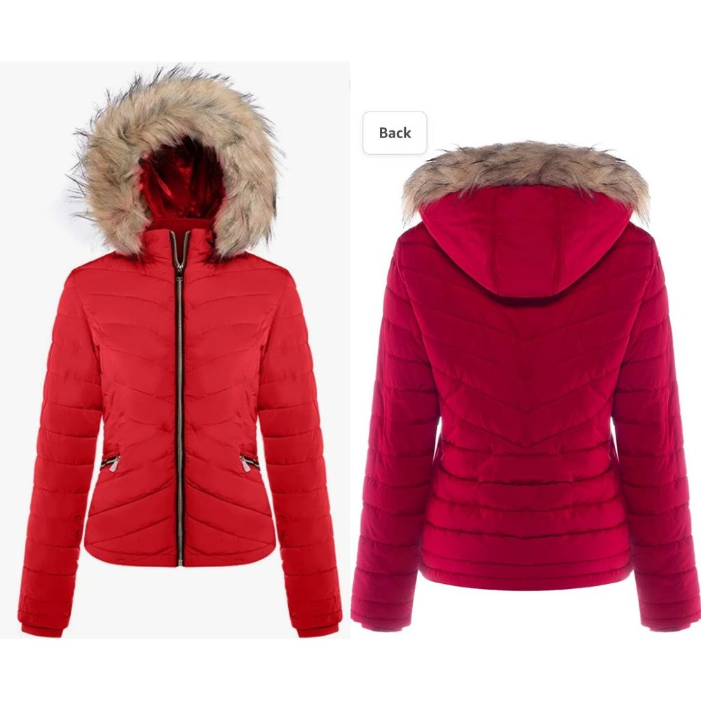 Women's Winter Quilted Puffer Short Coat Jacket with Removable Faux Fur Hood and